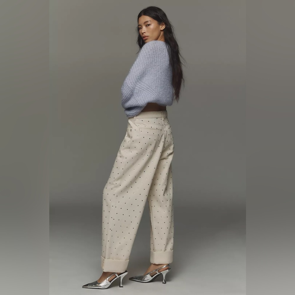 NWT Anthropologie Pilcro Sparkle Relaxed Wide Leg Cuff Jeans Ivory 30